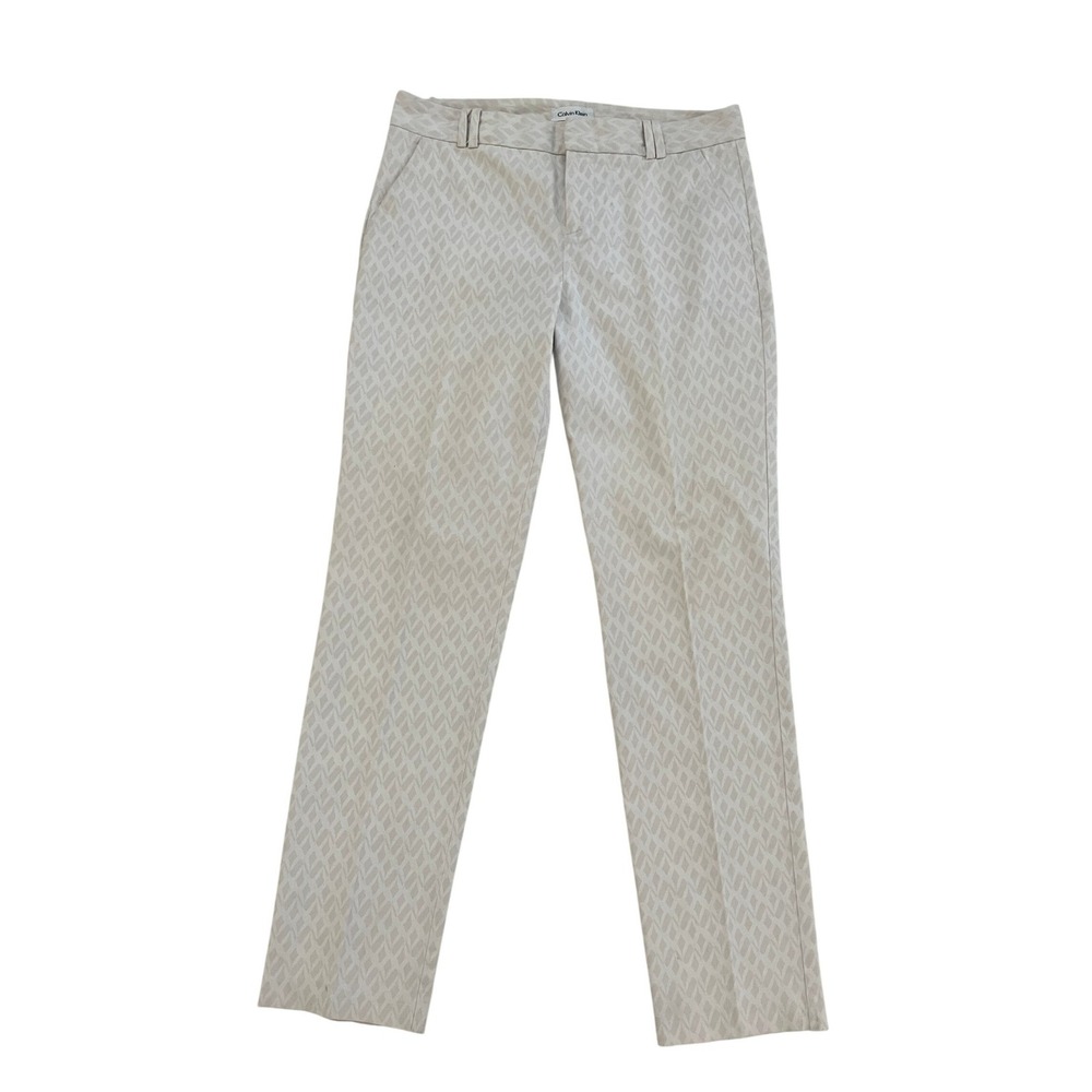Calvin Klein Women Size 8 Cream Beige Geometric Diamond Straight Leg Dress Pants